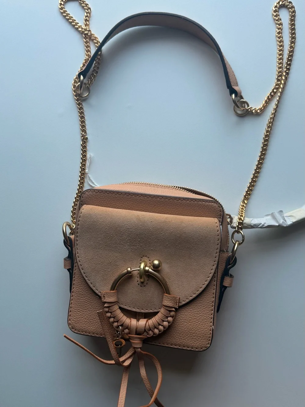 See By Chloe Blush Pink Suede & Leather Crossbody with Gold Ring